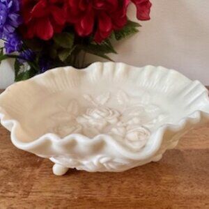 Vintage Imperial Glass Satin Milk Glass Footed Rose Bowl Ruffled Edge Floral Rel